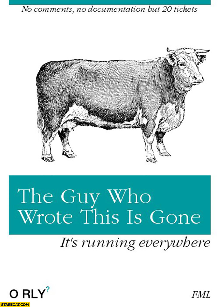 The guy who wrote this is gone, it’s running everywhere, no comments, no documentation, but 20 tickets. O’Rly book