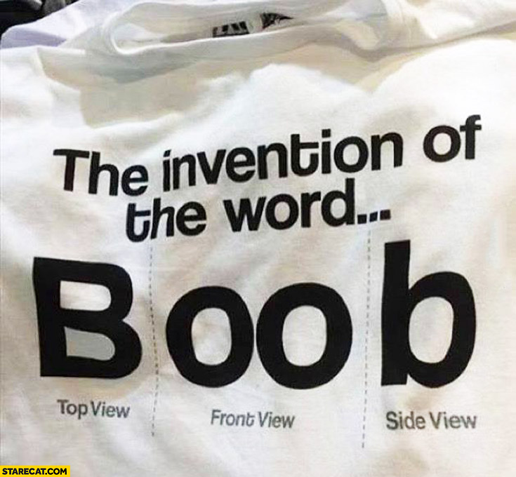 The invention of the word Boob top view, front view, side view