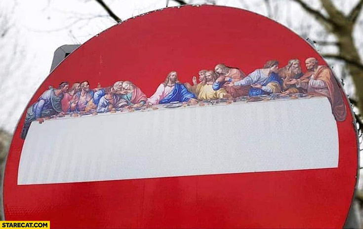 The last supper painted on a street sign