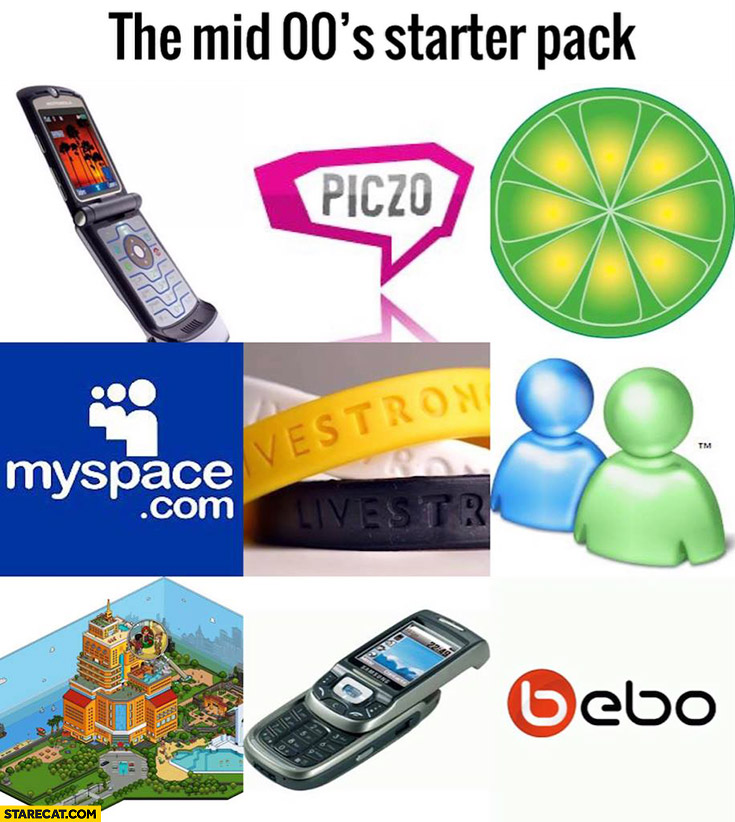 The mid 00’s starter pack: myspace, livestrong wristband, old mobile phones