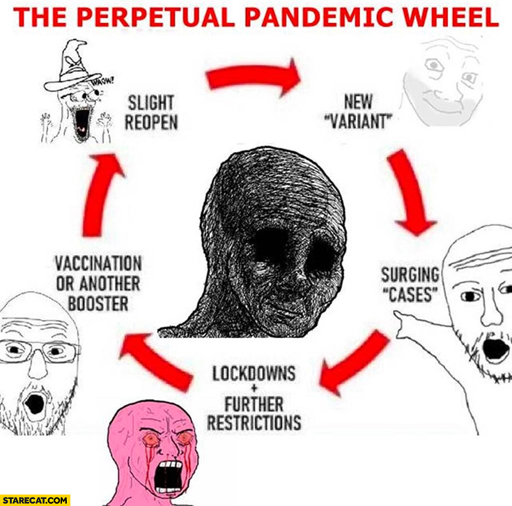 The perpetual pandemic wheel: new variant, surging cases, lockdowns restrictions, vaccination or booster, light reopen