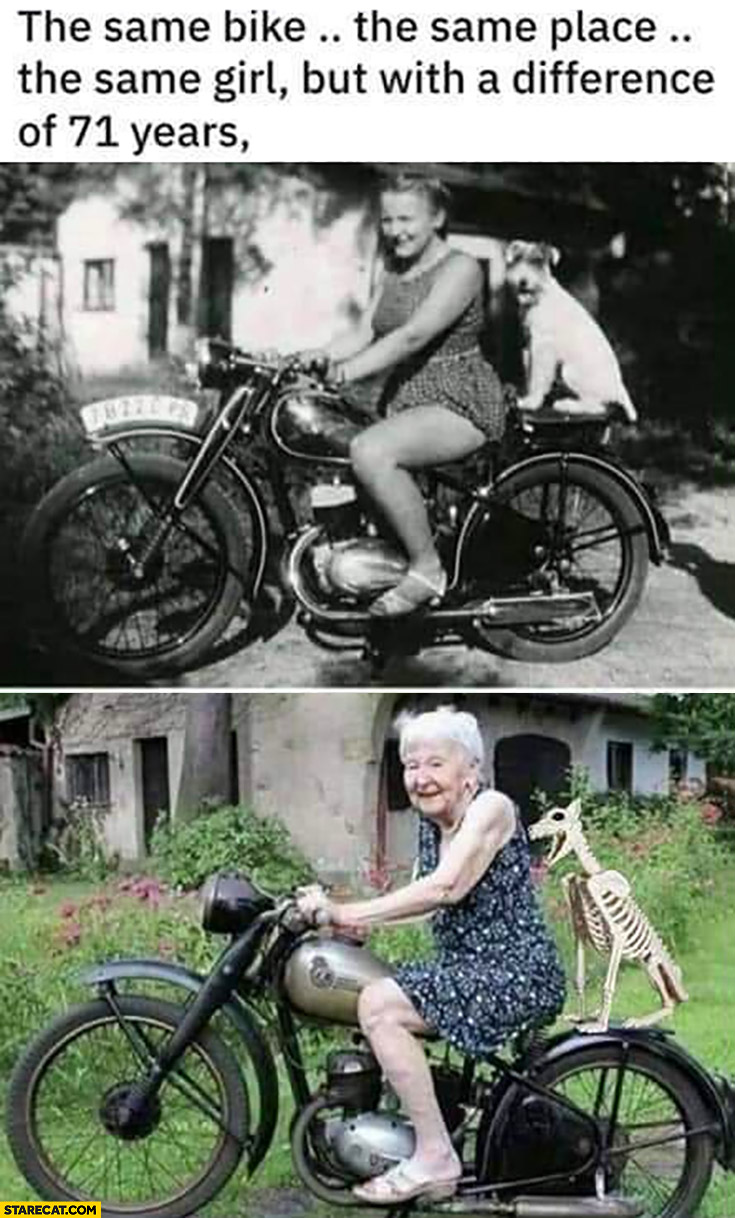 The same bike the same place the same girl but with a difference of 71 years