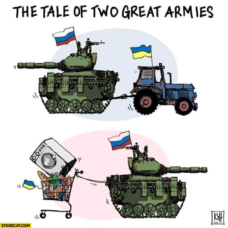 The tale of two great armies tractor towing Russian tank washing machine