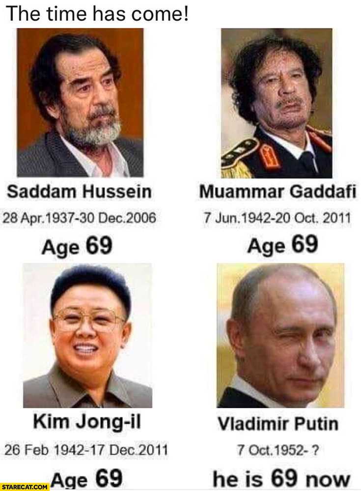 The time has come: Hussein, Gaddafi, Kim Jong Il all dead at 69 Putin is 69 now