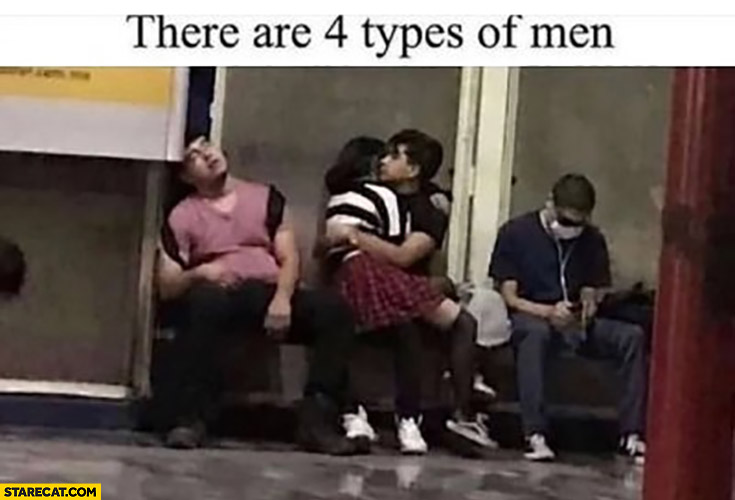 There are 4 types of men: sleeping solo, hugging a man, does not care