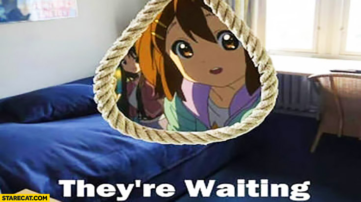 They are waiting. Anime characters suicide rope line