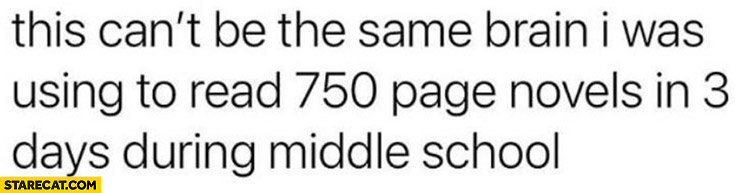 This can’t be the same brain I was using to read 750 page novels in 3 days during middle school