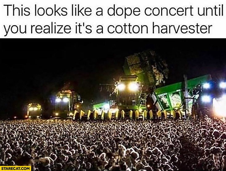This looks like a dope concert until you realize it’s a cotton harvester