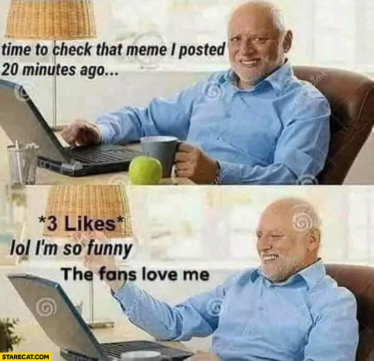 Time to check that meme I posted 20 minutes ago, 3 likes lol I’m so funny the fans love me Harold