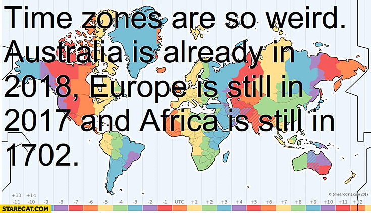 Time zones are so weird Australia is already in 2018, Europe is still in 2017 and Africa still in 1702