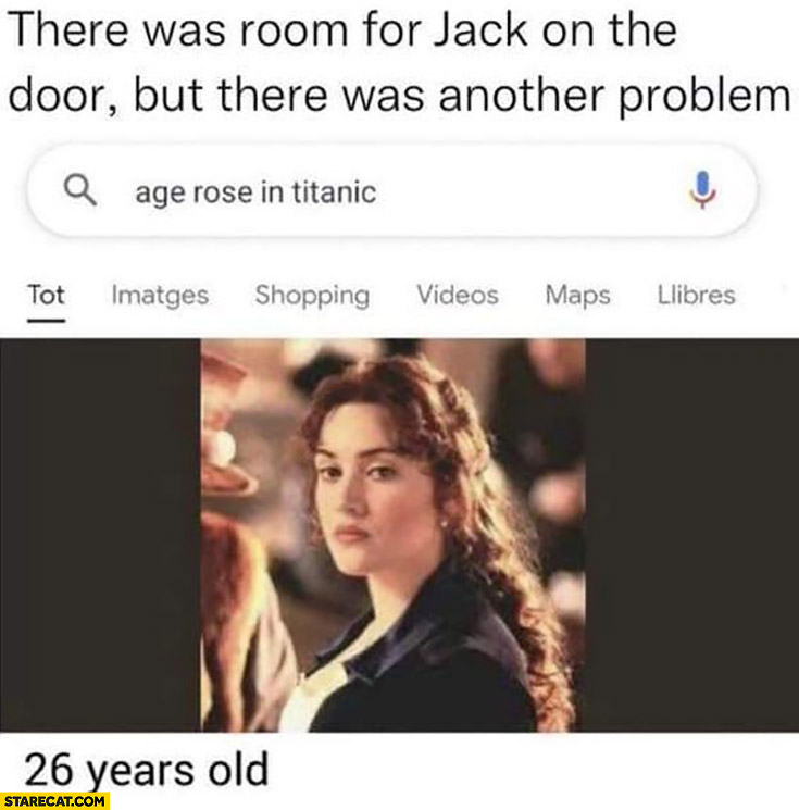 Titanic there was room for Jack on the door but there was another problem Rose age 26 years old