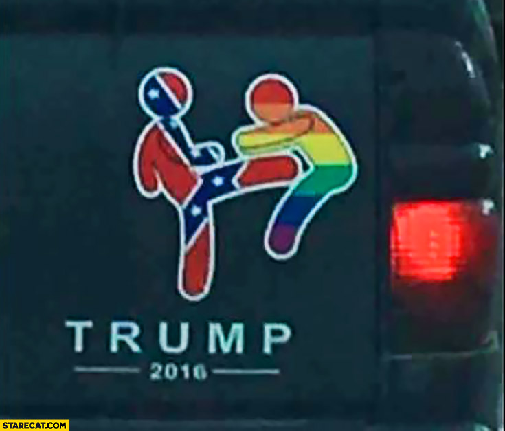 Trump car sticker Union Jack flag kicking rainbow