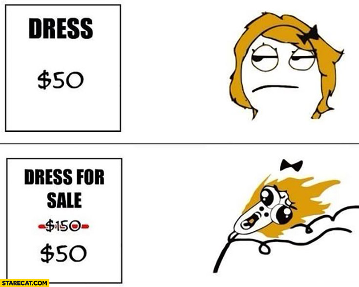 Typical woman: dress $50 dollars = no interest, dress sale $50 dollars hurry up, let’s buy meme