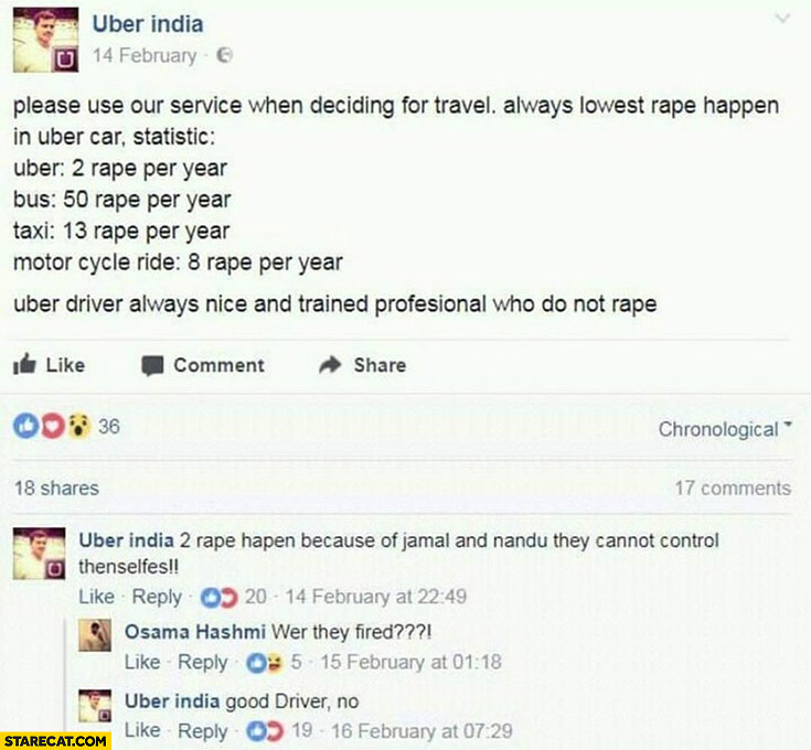 Uber drivers in India: less rapes, 2 rapes because Jamal and Nandu cannot control themselves. Were they fired? Good driver, no