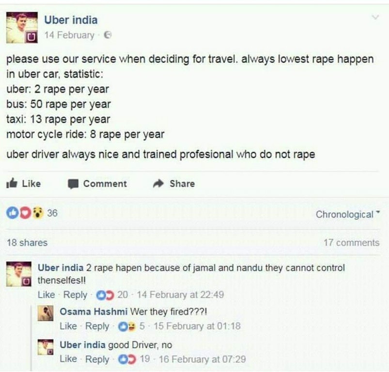 Uber India: 2 rapes per year happened because Jamal and Nandu cannot control themselves. Were they fired? Good driver, no