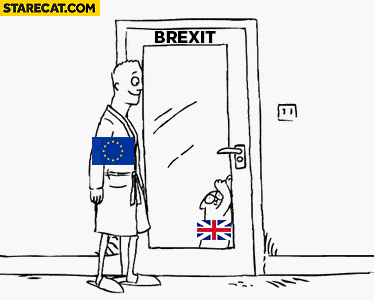 UK Brexit cat wanting to go out no longer wants to go out once door is open gif animation Simon’s Cat fail