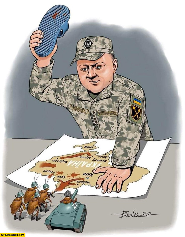 Ukrainian general soldier killing russian ants illustration