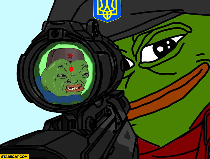 Ukrainian soldier aiming at russian Pepe frog