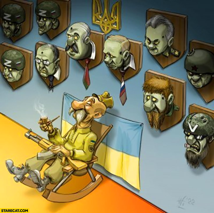Ukrainian soldier Russian head hunting trophies on the wall illustration