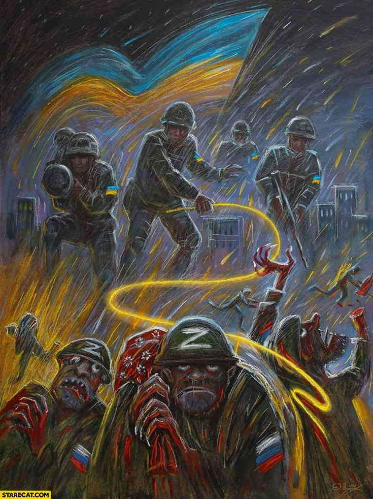 Ukrainian soldiers beating Russian soldiers orcs painting artwork image illustration