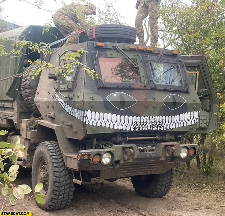 Ukrainian war truck with silly teeth drawn on it meme