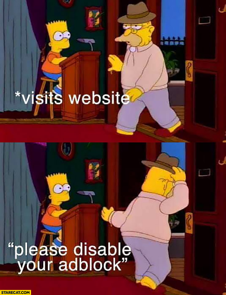 Visits website: please disable your adblock, exits leaves website The Simpsons