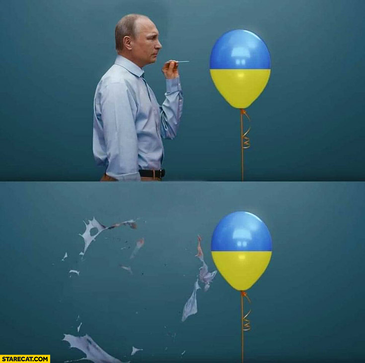 Vladimir Putin tries to pierce the balloon with a needle actually explodes himself