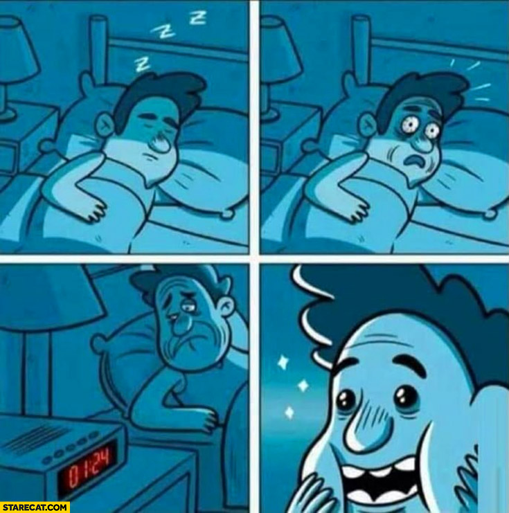 Waking up at night looking at alarm clock, it’s not morning happy comic