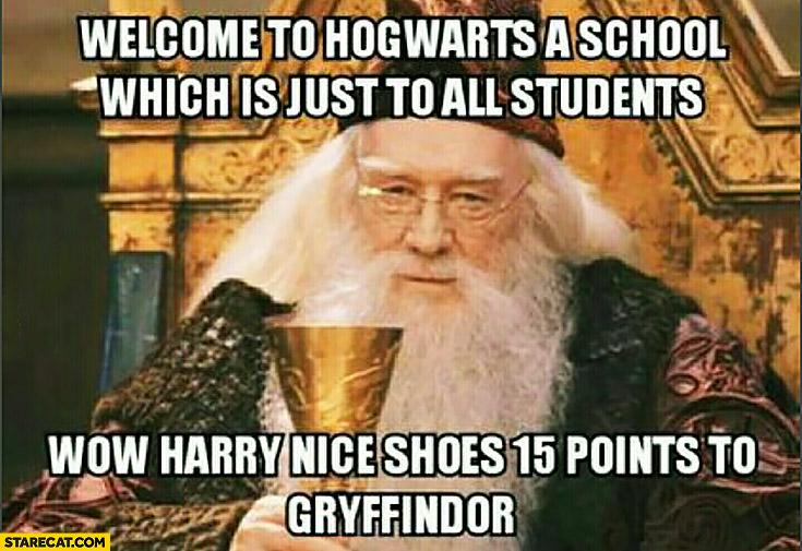 Welcome to Hogwarts, a school which is just to all students. Wow Harry nice shoes 15 points to Gryffindor Dumbledore Harry Potter