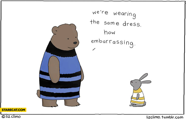 We’re wearing the same dress how embarrassing blue black white gold bear rabbit