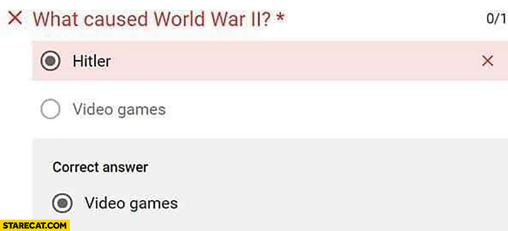 What caused world war II? Hitler incorrect answer, video games is the correct answer