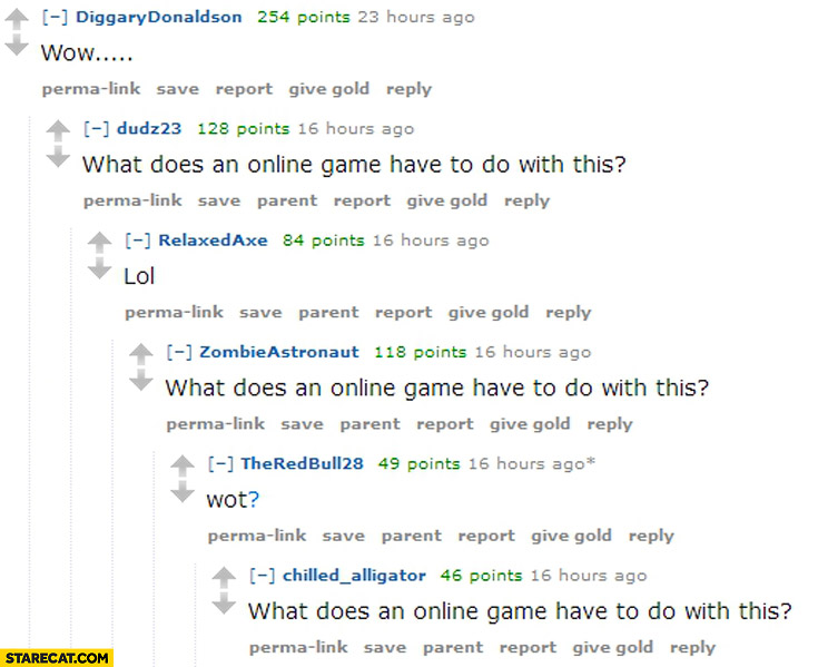 What does an online game have to do with this WOW LOL WOT reddit