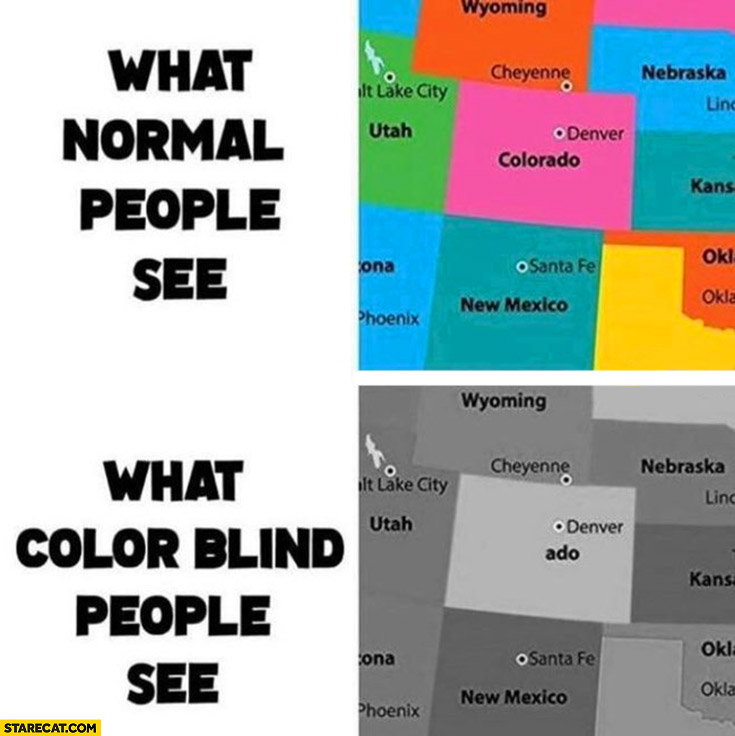 What normal people see Colorado vs what color blind people see ado only