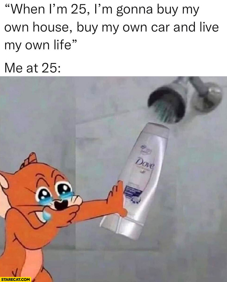 When I’m 25 I’m gonna buy my own house own car and live my own life vs me at 25 diluting shampoo with water