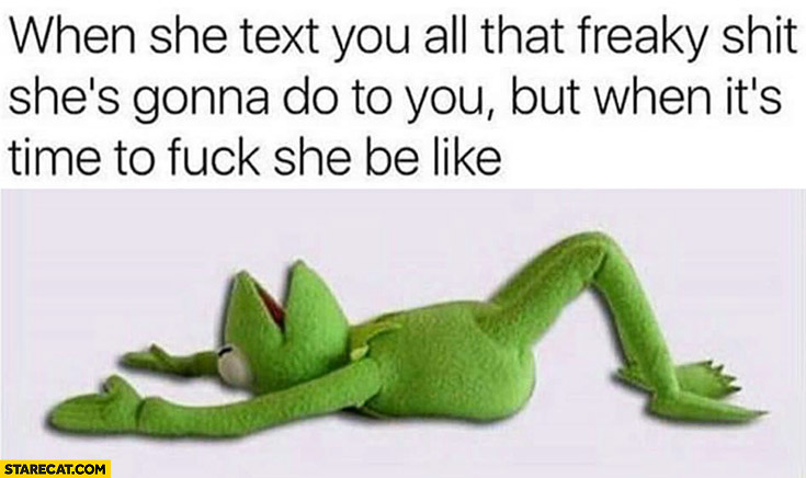 When she text you all that freaky shit she’s gonna do to you but when it’s time to do it she be like Kermit