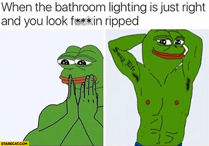 When the bathroom lighting is just right and you look ripped frog meme