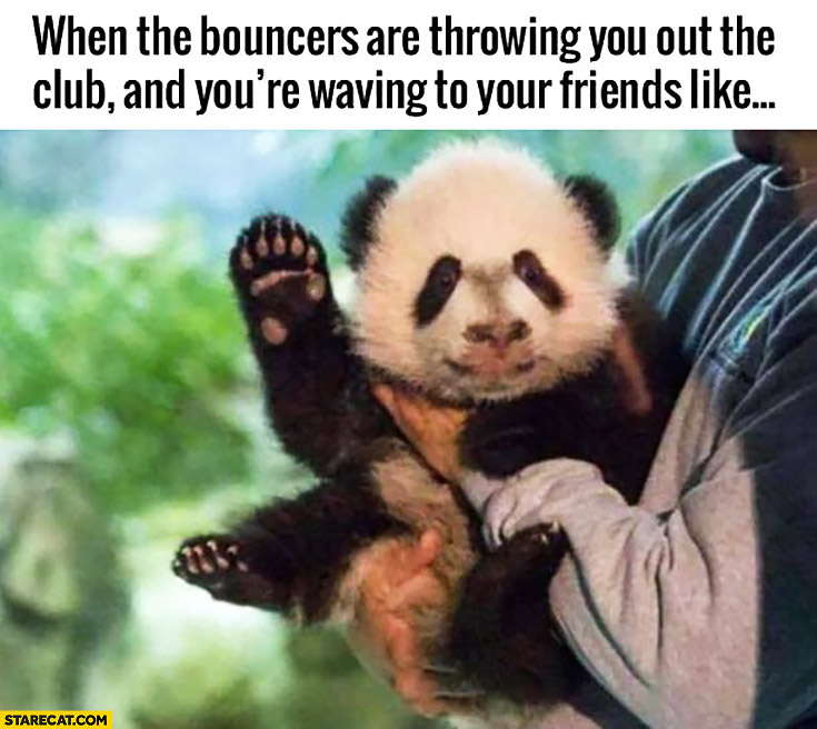 When the bouncers are throwing you out the club and your waving to your friends like cute panda