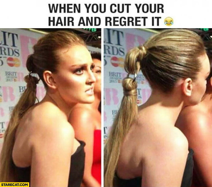When you cut your hair and regret it woman with attached ponytail |  
