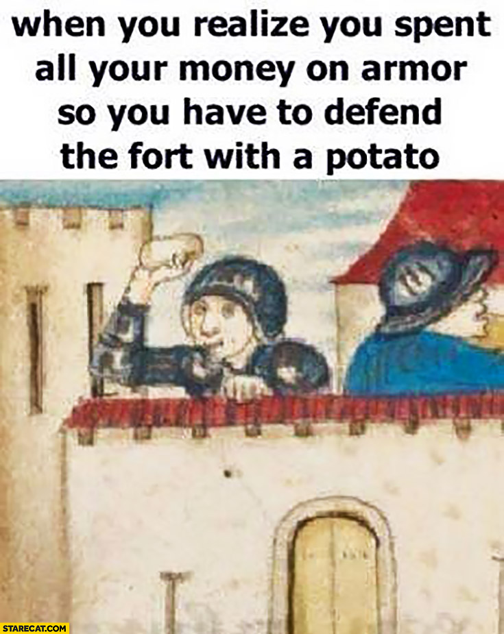 When you realize you spent all your money on armor so you have to defend the fort with a potato