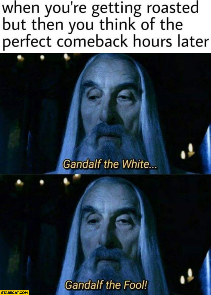 When you’re getting roasted but then you think of the perfect comeback hours later: Gandalf the white, Gandalf the fool