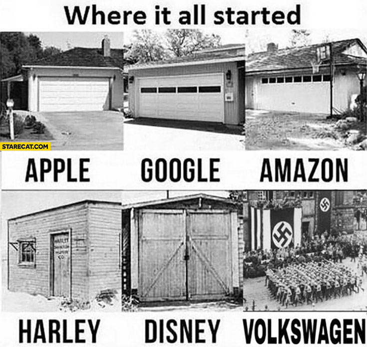 Where it all started: Apple, Google, Amazon, Harley, Disney in garages. Volkswagen in nazi Germany