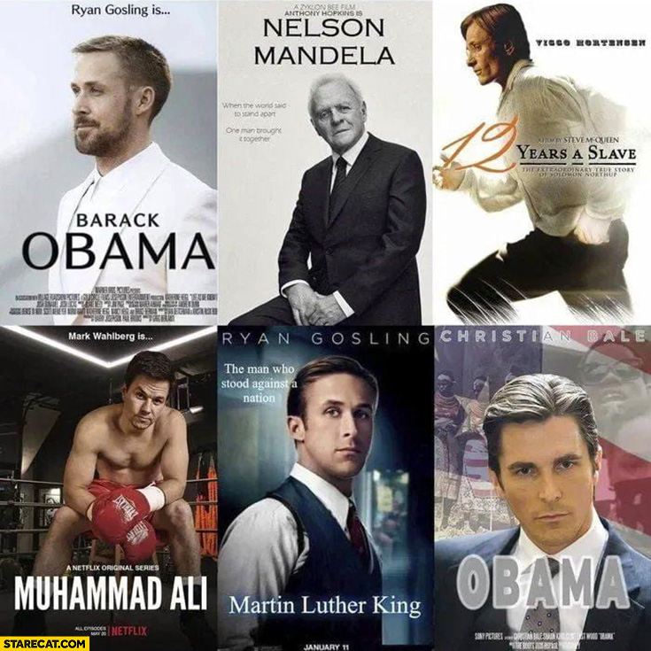White actors playing black characters movie posters: Obama, Mandela, Muhammad Ali, Martin Luther King