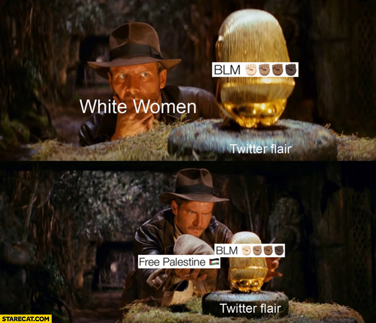 White women swapping BLM twitter flair for free Palestine Indiana Jones