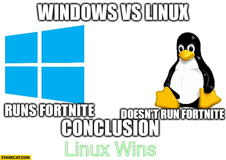 Windows runs Fortnite, Linux doesn’t run Fortnite, conclusion: Linux wins