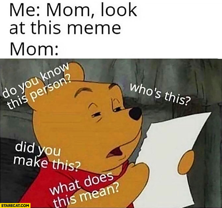 Winnie the Pooh, me: mom look at this meme, mom: who’s this? Do you know this person? Did you make this? What does this mean?