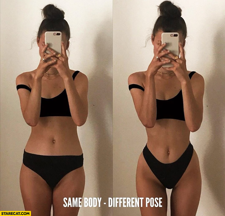 Woman same body different pose comparison mirror selfie