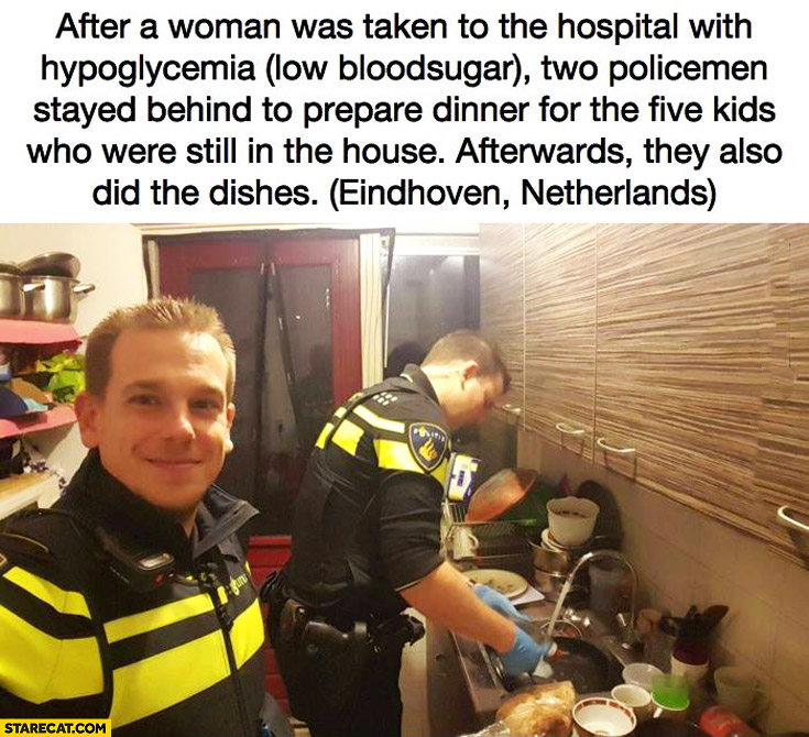 Woman taken to hospital, policeman stayed to prepare dinner for kids and also did the dishes Eindhoven, Netherlands