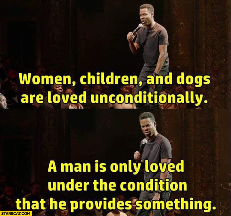 Women children and dogs are loved unconditionally a man is only loved under the condition that he provides something