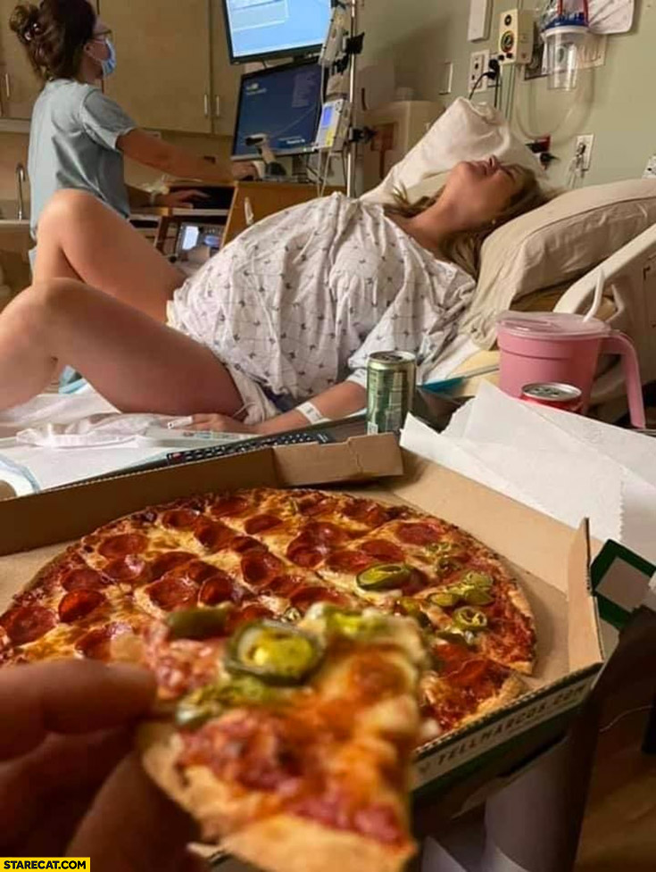 Women giving birth to a child man eating pizza and watching