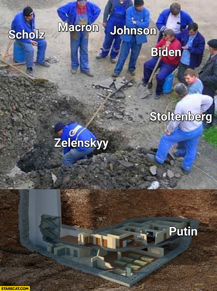 Workers digging only Zelensky working, Scholz, Macron, Johnson, Biden watching